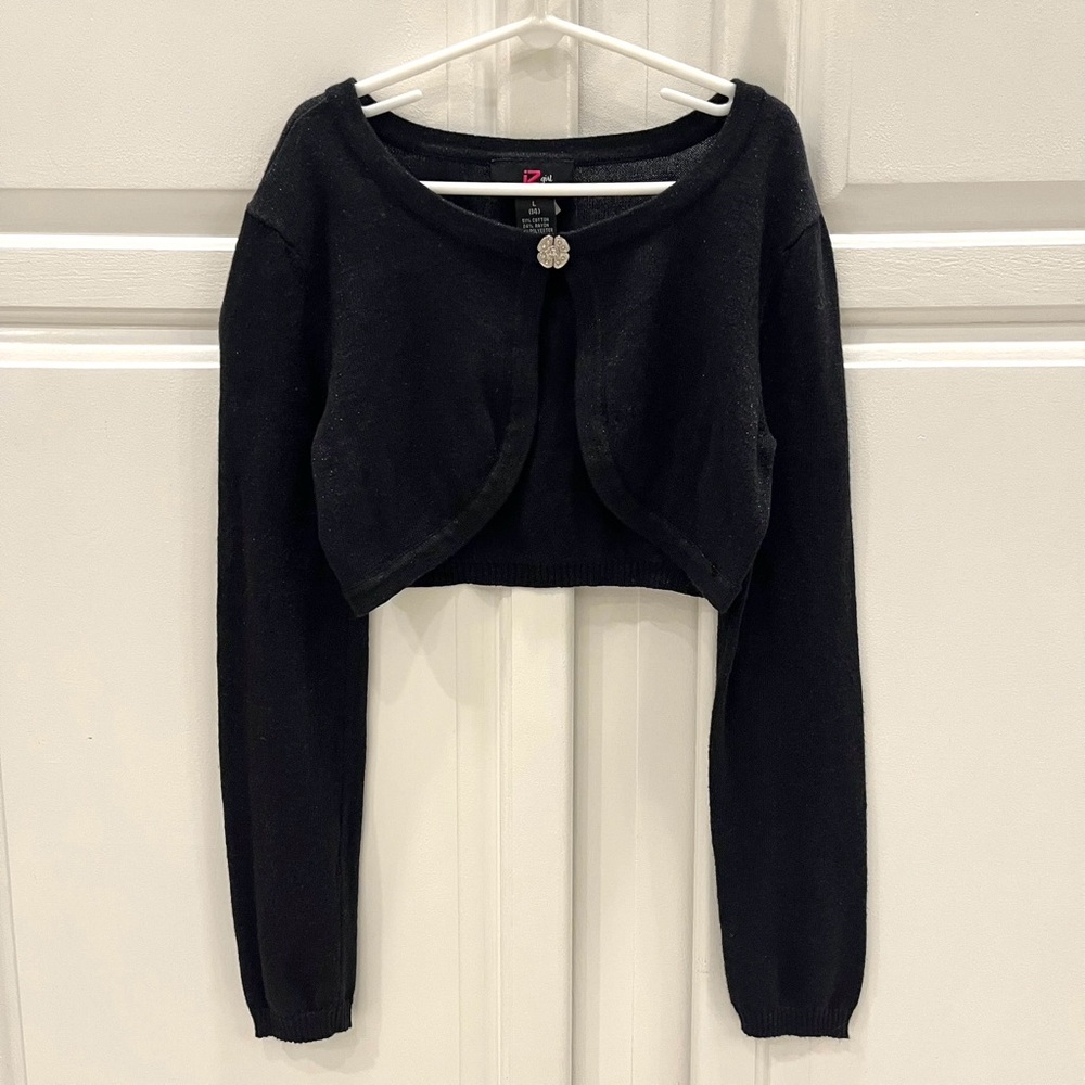 IZ Byer Girls L (14) Cropped Cardigan Black Metallic Shimmer Rhinestone Clasp